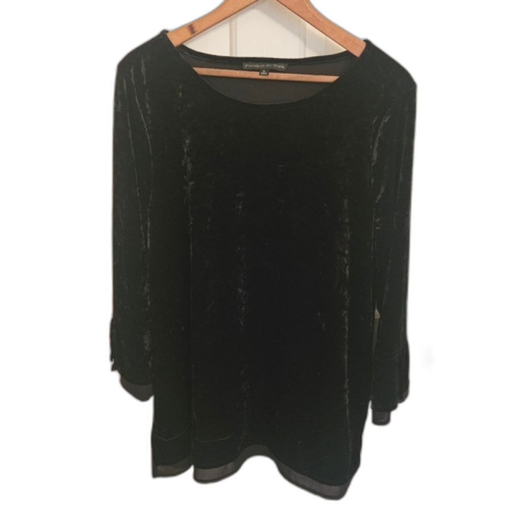Preston & York Top Womens Size XL Black Velvet Long Sleeve Chiffon Trim Goth Y2K